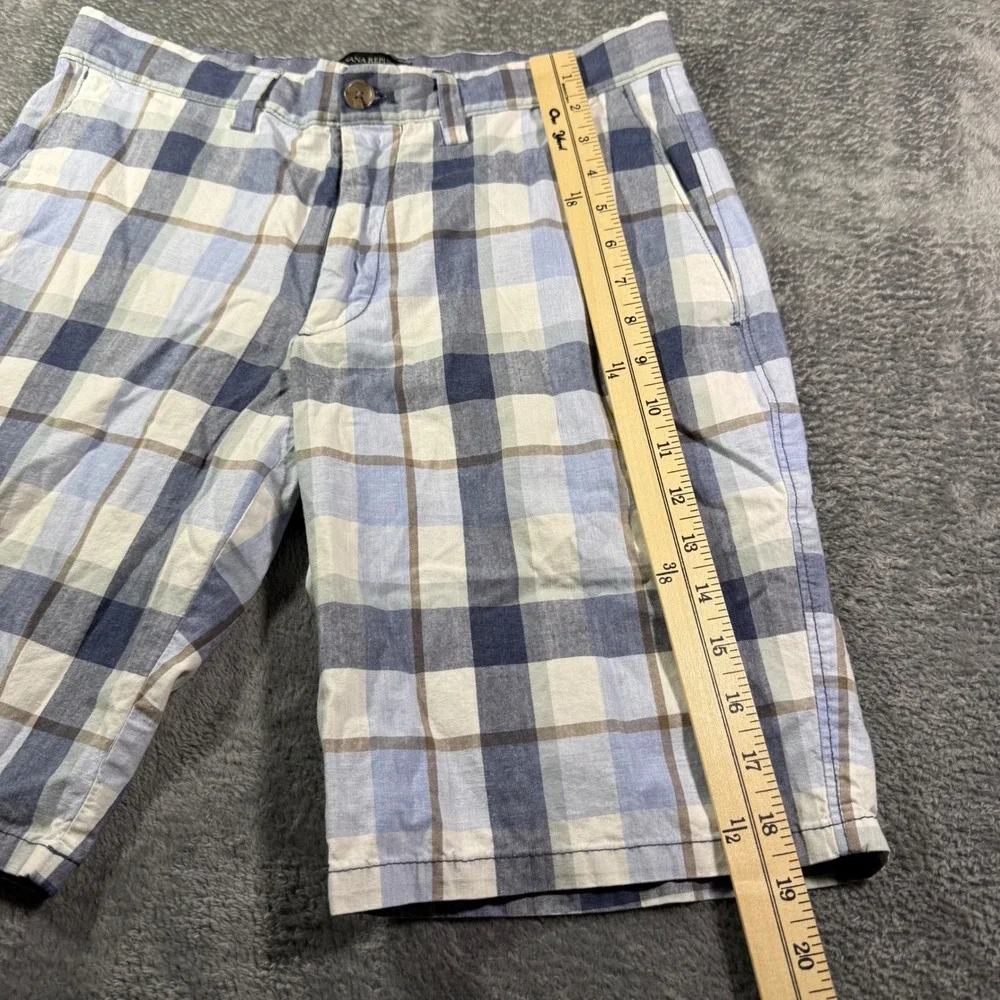 Banana Republic Aiden Short Mens 31 Blue White Plaid Cotton Flat Front Shorts